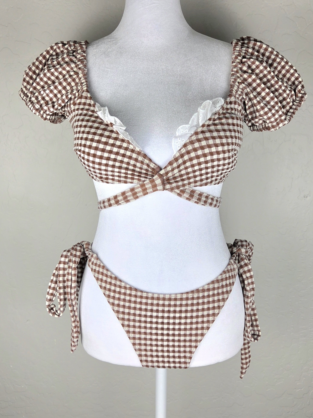 Brown Gingham Puff Sleeve Bikini Set